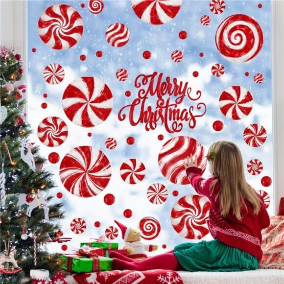 8 Sheets Christmas Window Clings, Oil Painting Christmas Red Candy Stickers - Picture 5 of 8
